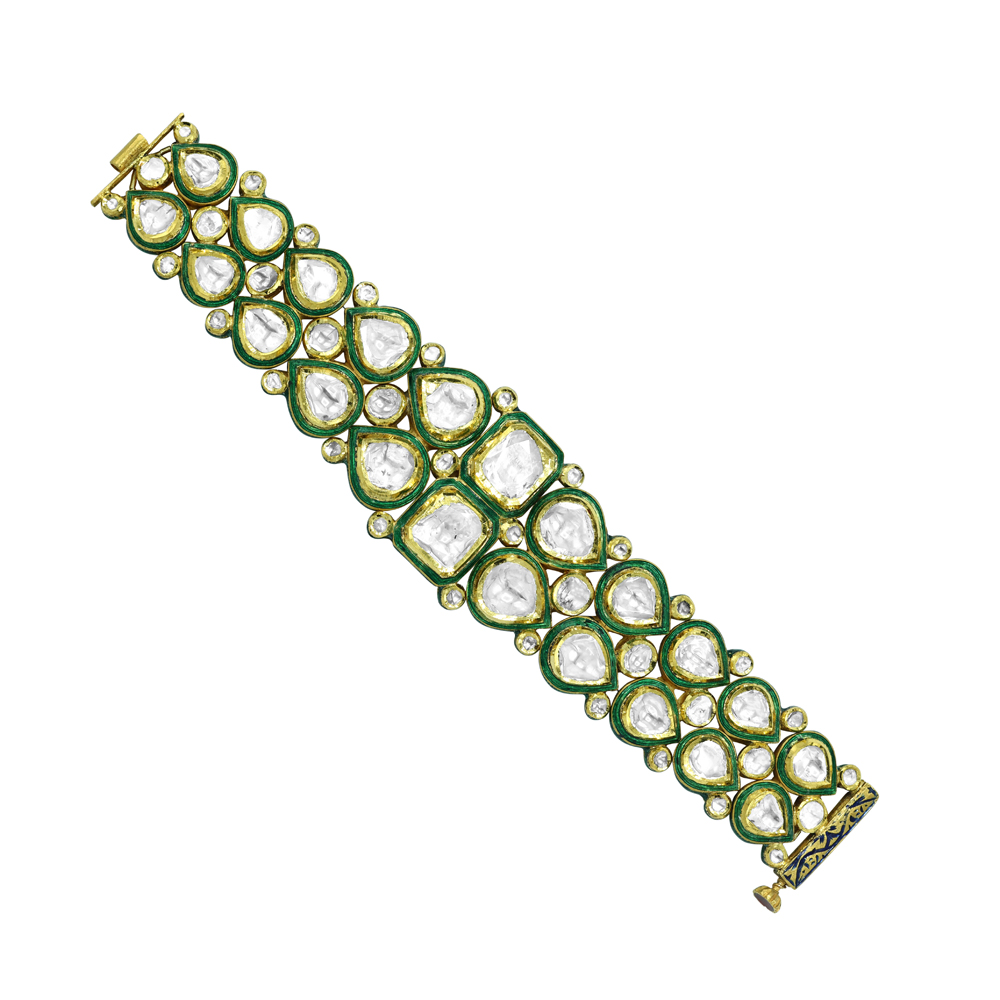 Polki Diamond Bracelet with Green Enamel Teardrop Motifs